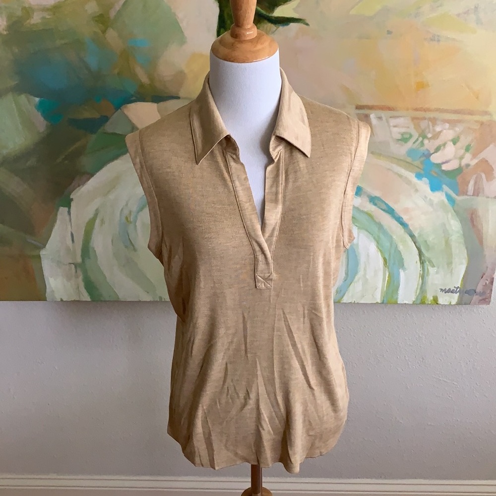 Lafayette 148 Gold Silk Sleeveless Collar Shirt Lg